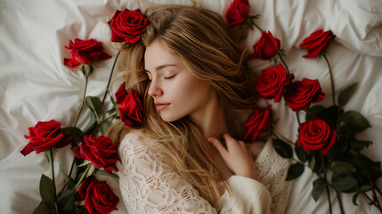 a woman lying on top of her bed with roses