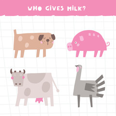 Obraz premium Learn farm animals game for kids. Cute hand drawn doodle funny village, ranch, rural puzzle with cow, pig, turkey, dog. Educational worksheet, mind task, riddle, strategy quiz, mental teaser, challeng