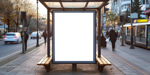 empty blackboard advertising on a bus stop,for advertising mockups and urban city concepts in design  and presentations.Mock up Billboard Media Advertising Poster template at Bus Station city street - obrazy, fototapety, plakaty
