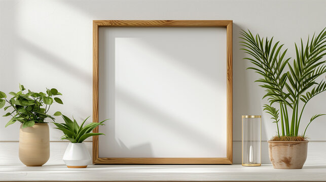 3d wooden frame hanging on the wall, in the style of photorealistic still life, photo-realistic still life, poster, Picture Frame on minimal wall texture background. Mock up frame in home. 