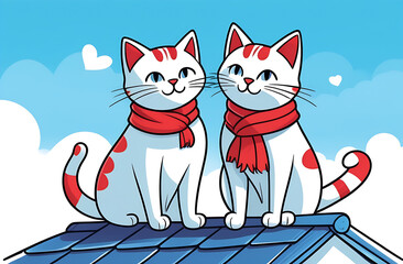 Two cute cats with a scarf on the neck are sitting on the roof at daytime
