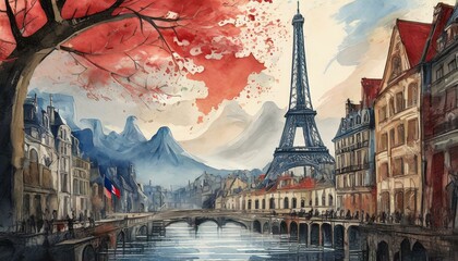eiffel tower city, France blowing in the wind. Full page French 3D illustration. - obrazy, fototapety, plakaty
