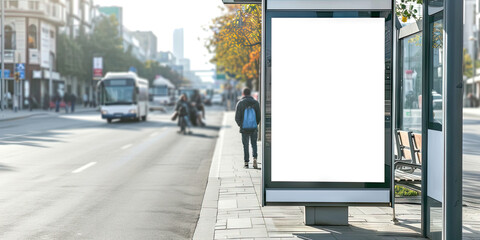 empty blackboard advertising on a bus stop,for advertising mockups and urban city concepts in design  and presentations.Mock up Billboard Media Advertising Poster template at Bus Station city street