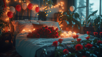 a bed with roses, balloons and candles on it, romantic atmosphere