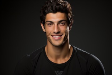 Fototapeta premium Young man smiling with a stunning smile on a grey background - professional teeth whitening