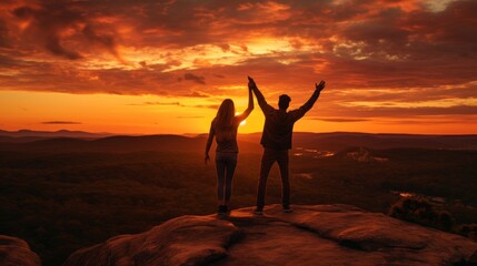 Excited couple raising arms in triumph as they celebrate success on top of the mountain
