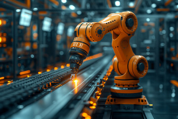 Fototapeta premium A robotic arm operates on a conveyor belt in a modern factory, illustrating the use of automation in high tech manufacturing processes.