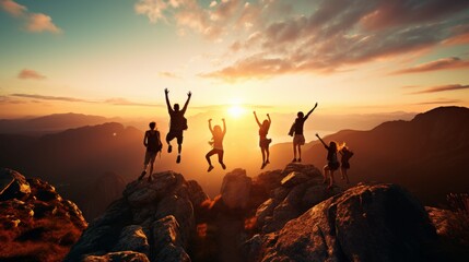 Group of silhouetted people joyfully jumping in front of radiant sunrise in majestic mountains - obrazy, fototapety, plakaty