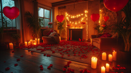 Bedroom with balloons and roses. Romantic atmosphere.