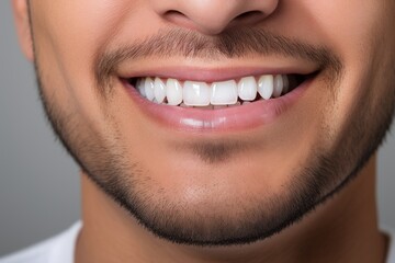 Fototapeta premium Portrait of young man with bright smile on grey background. Dental care and teeth whitening concept