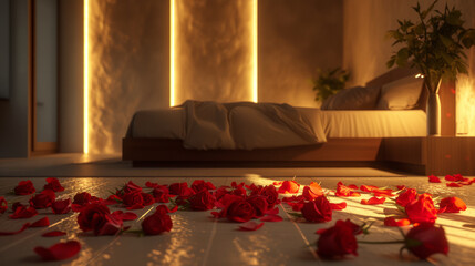 A bed with rose petals on it. Romantic setting.