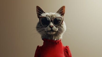"Chic Feline Couture: 3D Anthropomorphic Cat in a Red Dress and Sunglasses, A Fashion-Forward Feline in the Digital Realm."