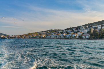 Naklejka na ściany i meble Kinaliada island and harbor scenic view from Istanbul ferry boat (Adalar, Turkey)