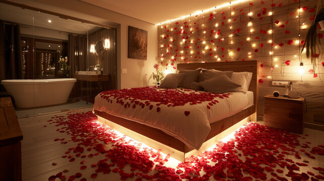 A bed with rose petals on it. Romantic setting.