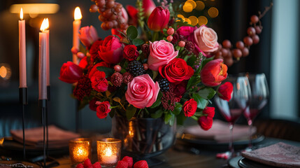 Obraz premium Table with a bouquet of red roses and wine. Romantic atmosphere for a date.