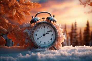 Winter Time With The Concept of Clock Changing From Summer to Winter Time. Fall Back into Winterly