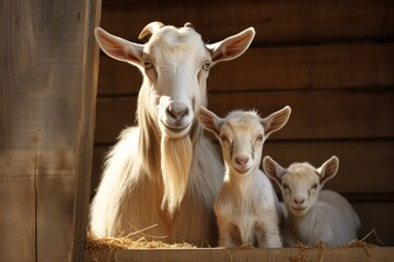 Mother Goat and Baby Brown Goats in a Rustic Barn on a Farm with Wooden Panels and White Horns