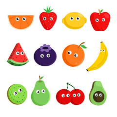 Cute Fruit, Happy cute set of smiling fruit faces. Vector set of flat cartoon illustration icons. Isolated on white background.fruit funny icon for childern book or learning