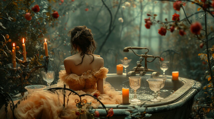 A girl in a romantic setting with rose petals takes a spa.
