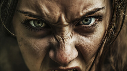 Intense woman with fierce eyes and expression. - obrazy, fototapety, plakaty