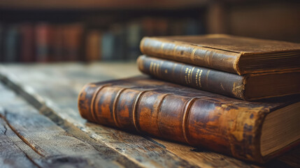 Vintage books stacked on a wooden table.