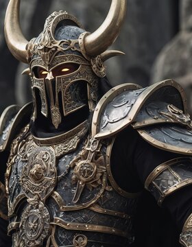 a close up of a person wearing a horned helmet and holding a sword