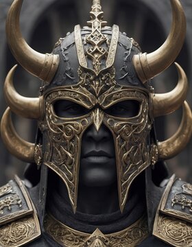 a close up of a person wearing a horned helmet and holding a sword