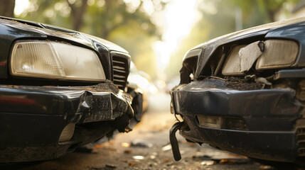 Damaged cars after collision on a sunlit street.