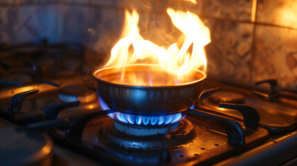 Flames engulf a pan on a gas stove.