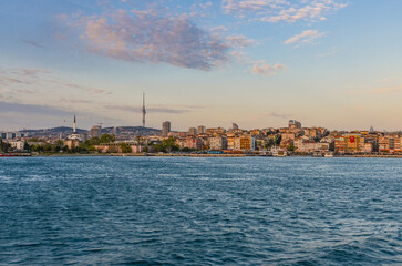 Fototapeta premium sunset view of Haydarpasa harbor and district from Bosporus (Istanbul, Turkey) 
