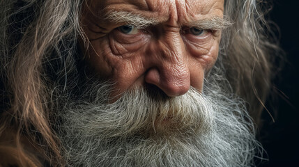 Elderly man with intense gaze and long beard.