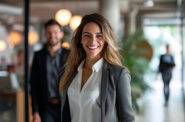 Confident Smiling Businesswoman with Colleagues in Modern Office