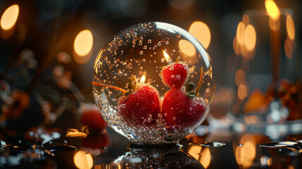 Romantic dinner. Strawberries on the table
