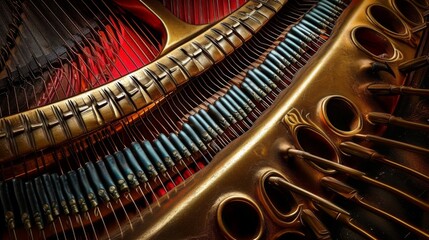 Closeup abstraction with a musical instrument. A beautiful musical form resembling a piano. Internal piano system with keys and strings