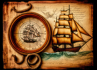 Fototapeta na wymiar Nautical Theme Artwork with Wooden Ship and Rope Frame