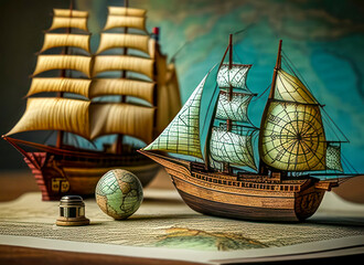 Vintage Nautical Exploration with Model Ships and Globe
