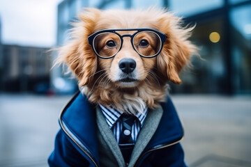 Funny golden labrador retriever dog looking in black glasses. Portrait of a cute pet. Fashionable and stylish dog with glasses on the street of a big city