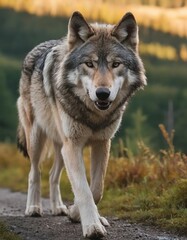 Naklejka na ściany i meble Scenic Landscape, a wild wolf running towards the camera