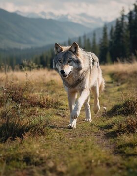 Scenic Landscape, a wild wolf running towards the camera