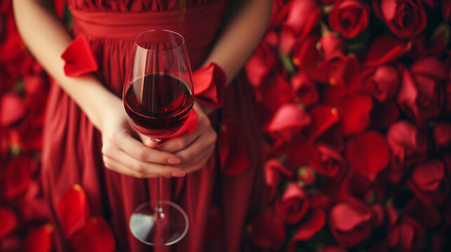 Rose petals lie near a glass of wine.