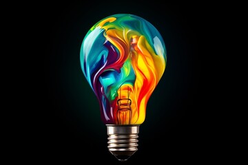 Eureka moment. liquid paint merging into colorful lightbulb on dark green background