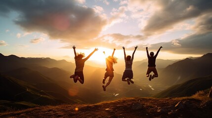Silhouette of group of people joyfully jumping in front of majestic mountain at sunrise