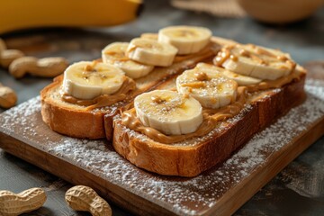 Artisan toast topped with sliced bananas and drizzled peanut butter, dusted with powdered sugar, on a wooden board