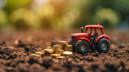 A toy tractor stands beside piles of golden coins on fertile soil, symbolizing the growth and investment in agriculture - obrazy, fototapety, plakaty