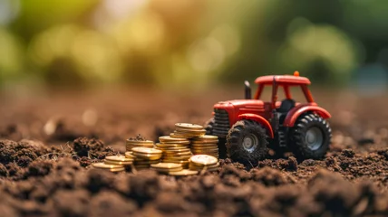 Photo sur Plexiglas Tracteur A toy tractor stands beside piles of golden coins on fertile soil, symbolizing the growth and investment in agriculture