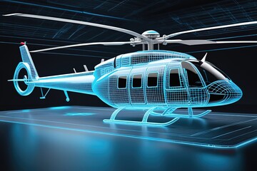 blue Hologram wireframe of Helicopter Future Concept Simulation and connect technology.ai generated