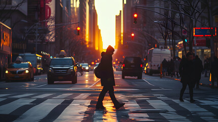 a man walks across a zebra crossing on a city street