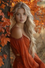 Beautiful Blonde Woman in Red-Orange Dress Posing by Tree with Colorful Leaves