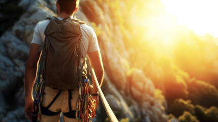 hikers with backpacks walks in mountains at sunset - obrazy, fototapety, plakaty