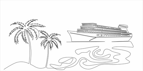 continuous line drawing of palm trees and yachts